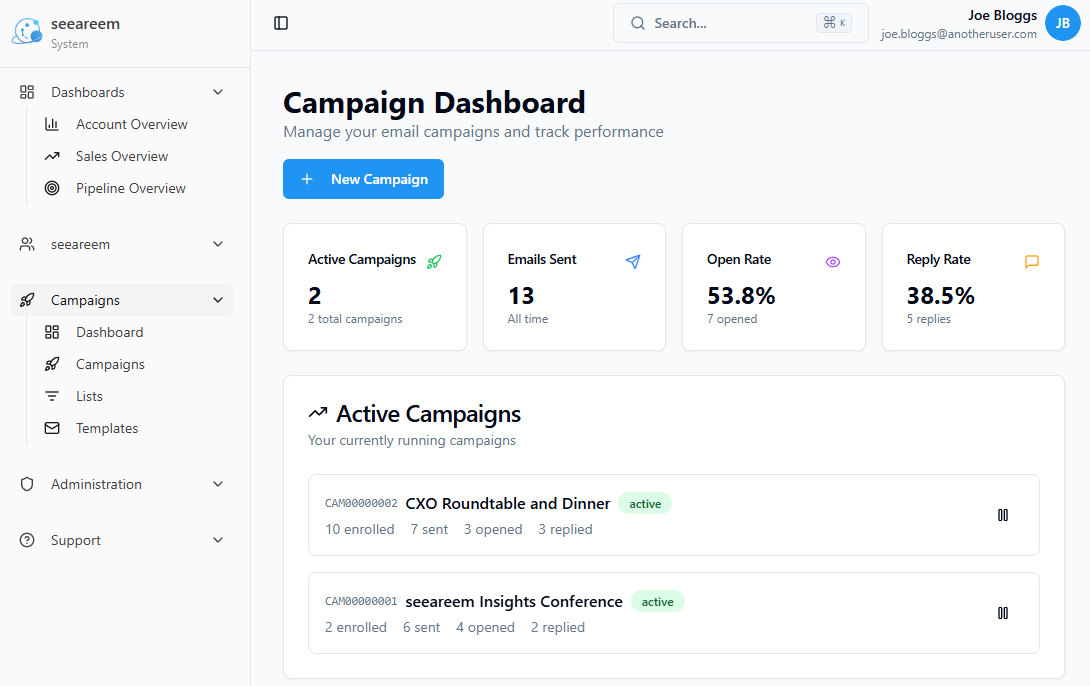 seeareem email campaign dashboard showing sequence steps and analytics